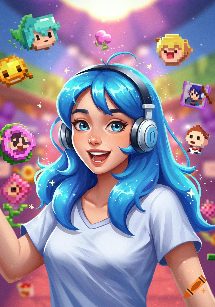 A cheerful blue-haired girl wearing headphones smiles, surrounded by floating pixelated characters and flowers in a bright, vibrant illustration.