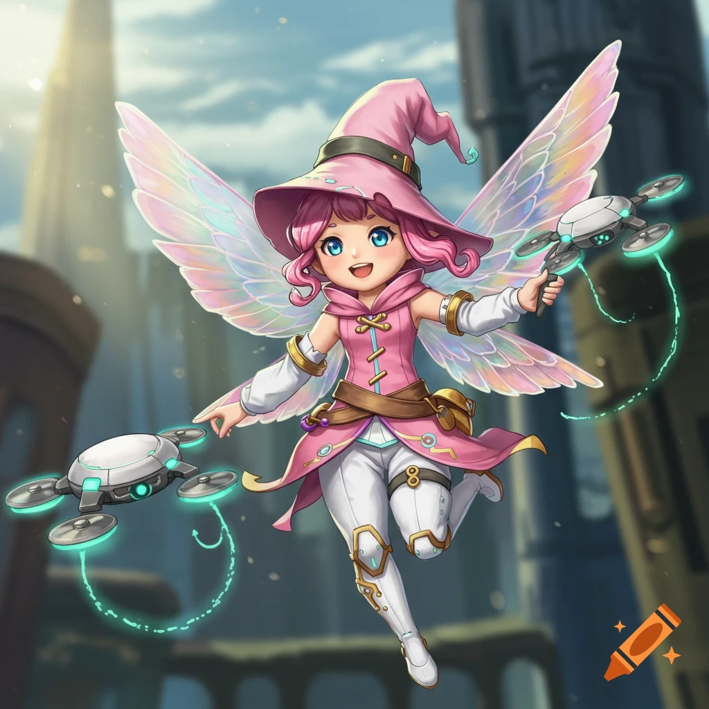 An anime fairy girl with pink hair and iridescent wings flies while wielding two futuristic drones against a city background.