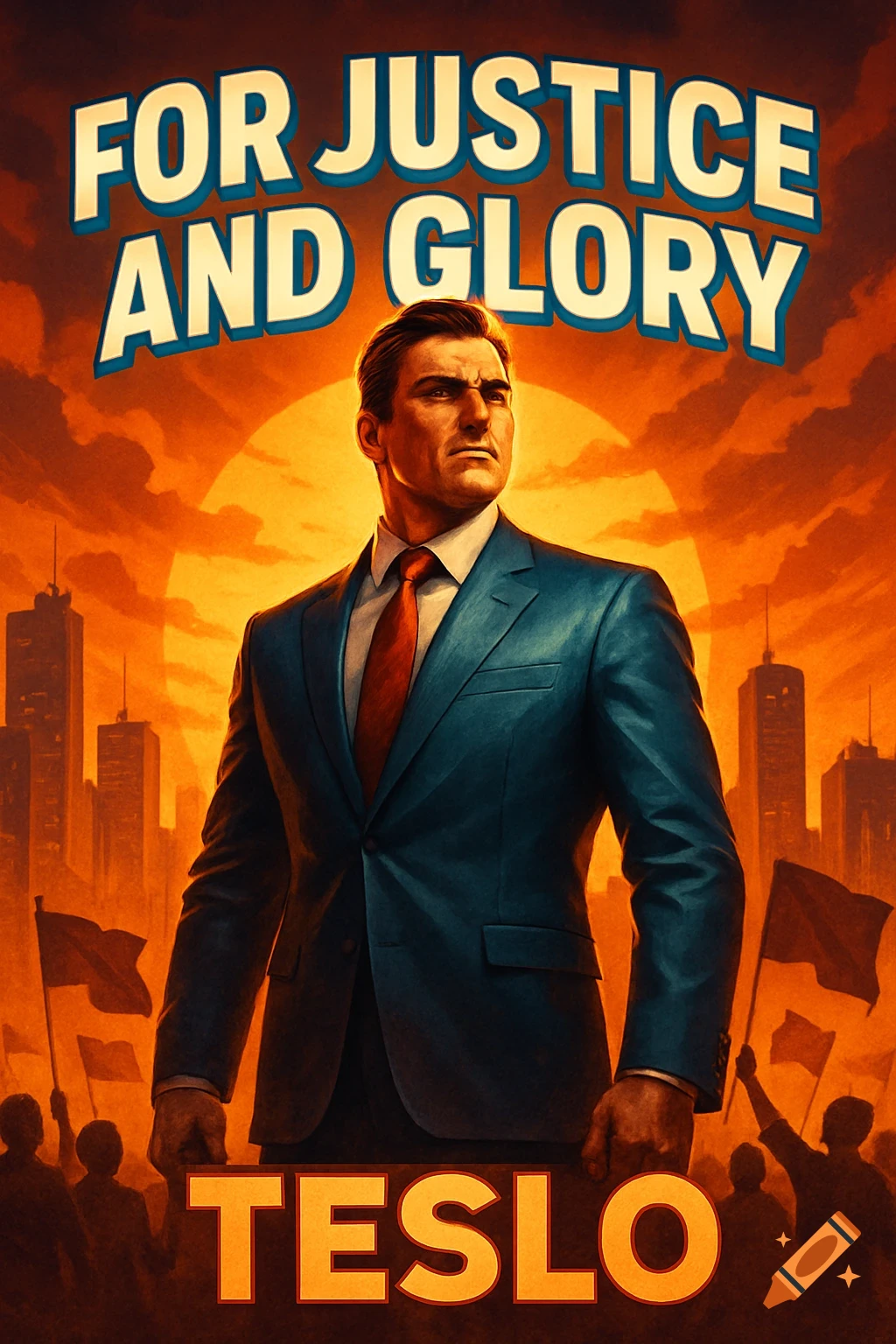 Campaign poster with a man in a blue suit, city skyline at sunset, and the slogans 'FOR JUSTICE AND GLORY' and 'TESLO'.