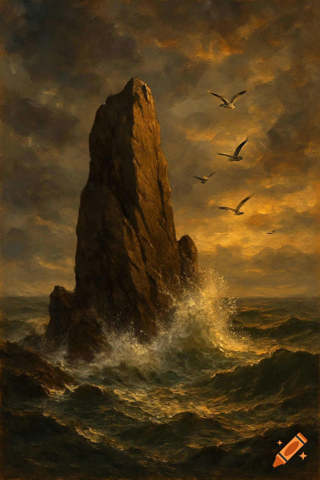 A dark, dramatic painting of a towering rock in a stormy sea with crashing waves and several gulls flying under a golden-hued sky.
