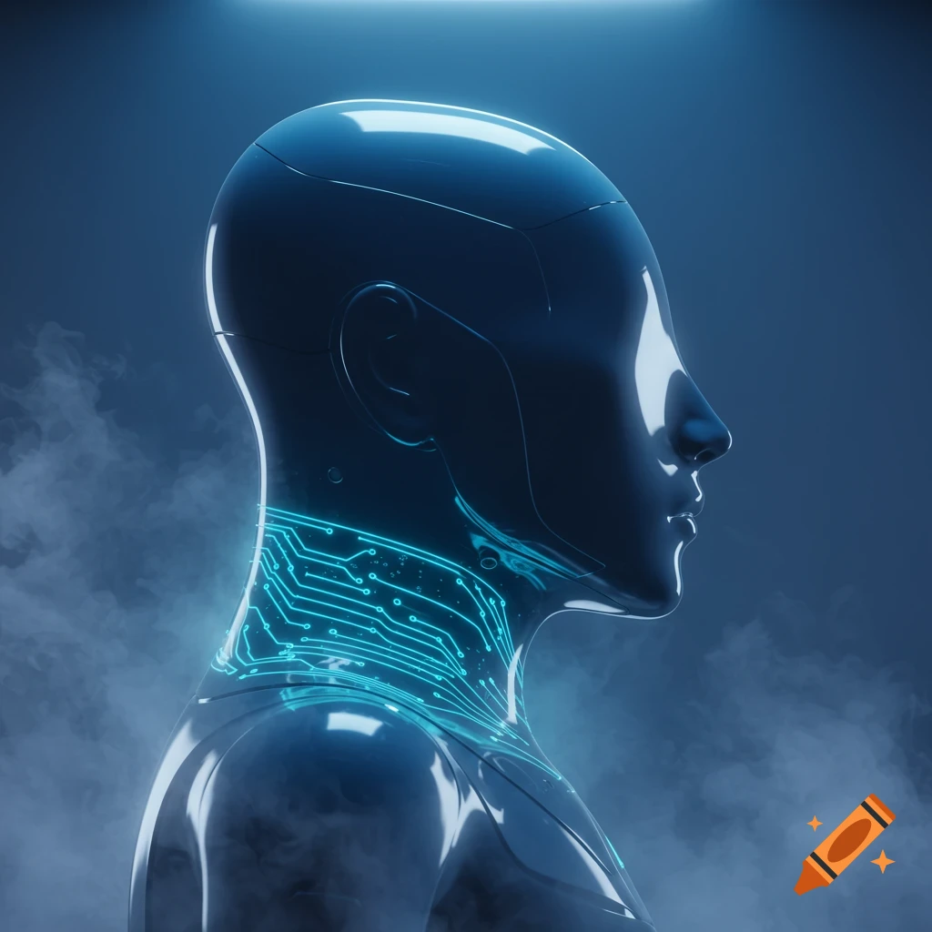 Side profile of a dark, metallic humanoid bust with glowing blue circuit patterns on its neck, in a smoky, futuristic setting.