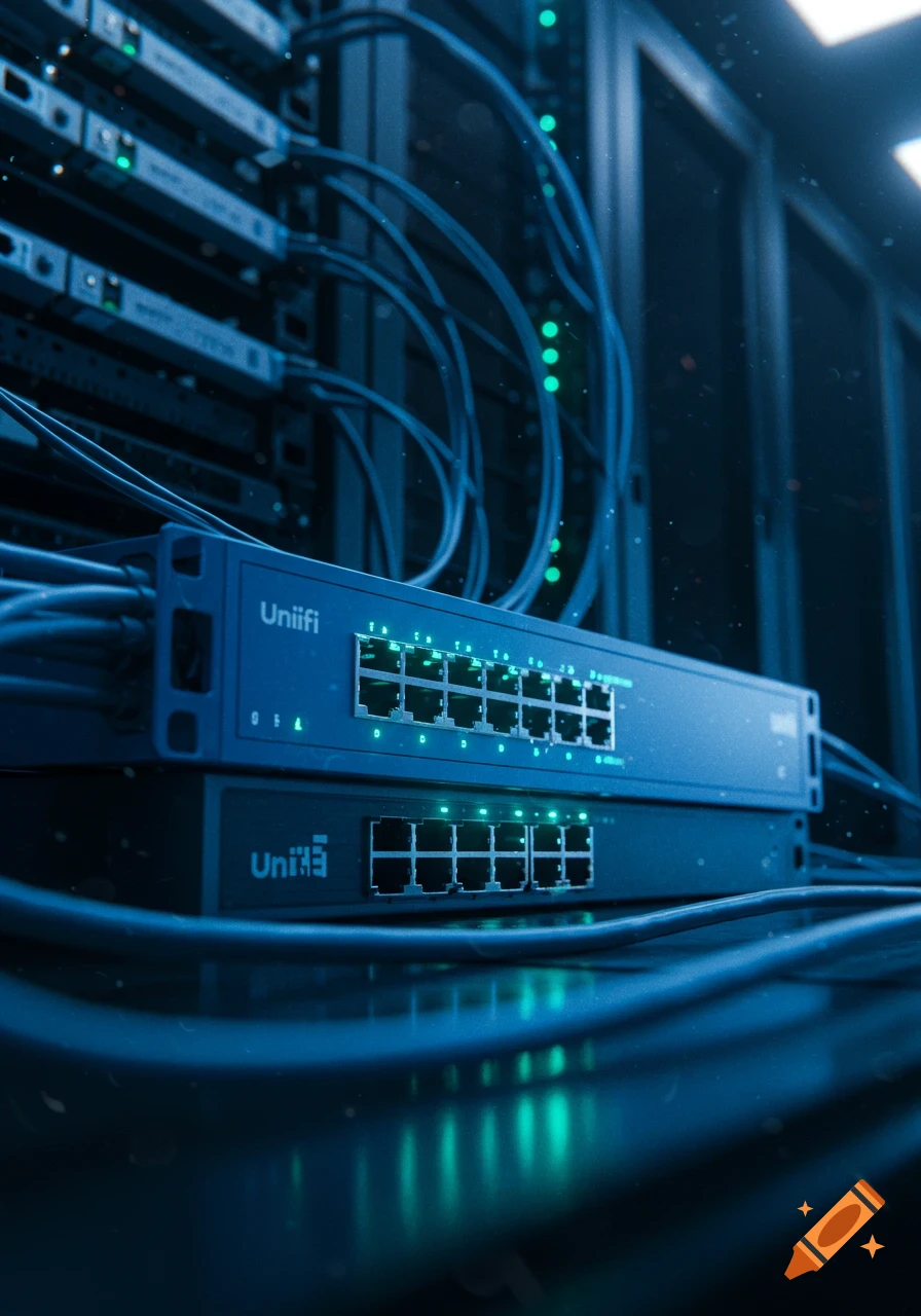 Close-up of network switches and cables in a data center rack, illuminated by green indicator lights.