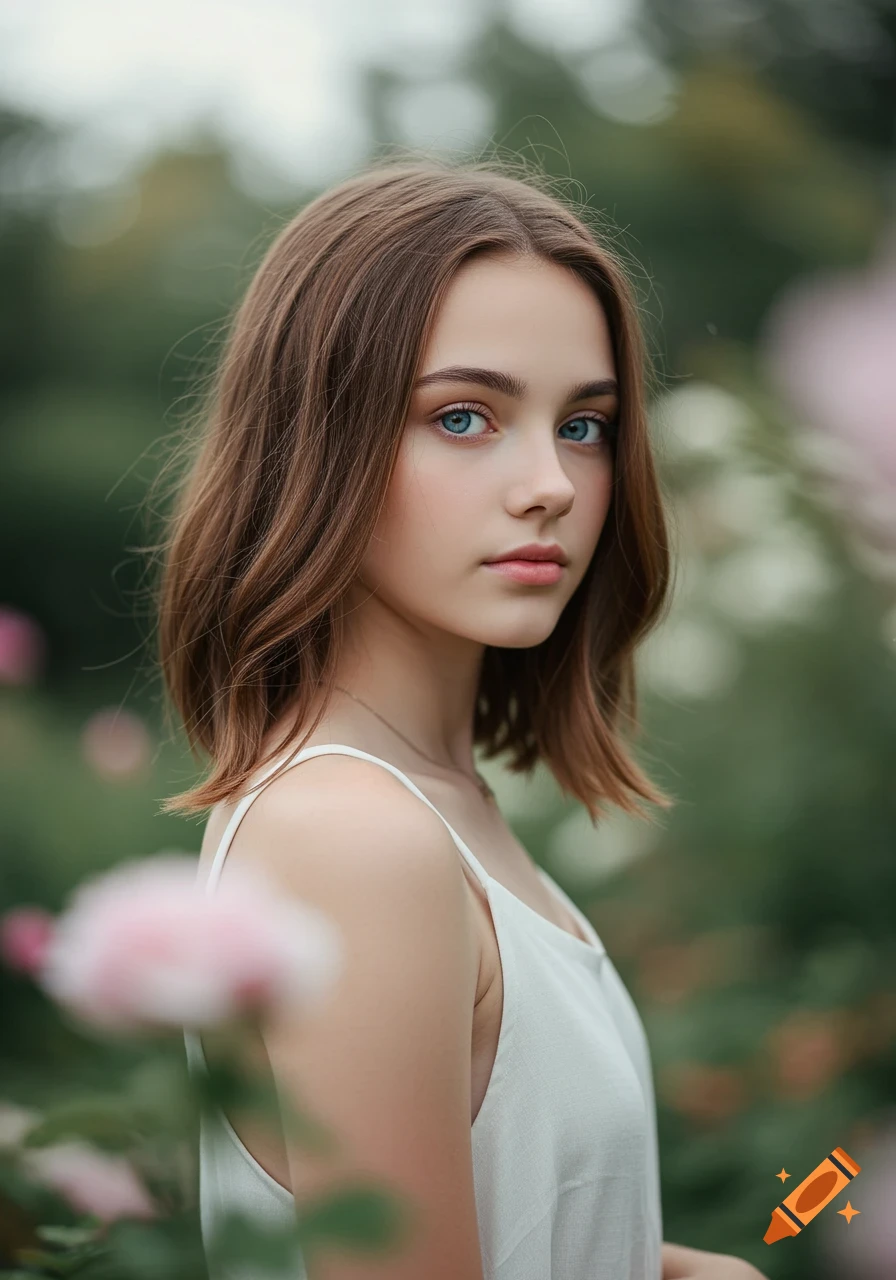 A close-up photorealistic portrait of a young woman with blue eyes and brown hair in a garden with blurred pink flowers.
