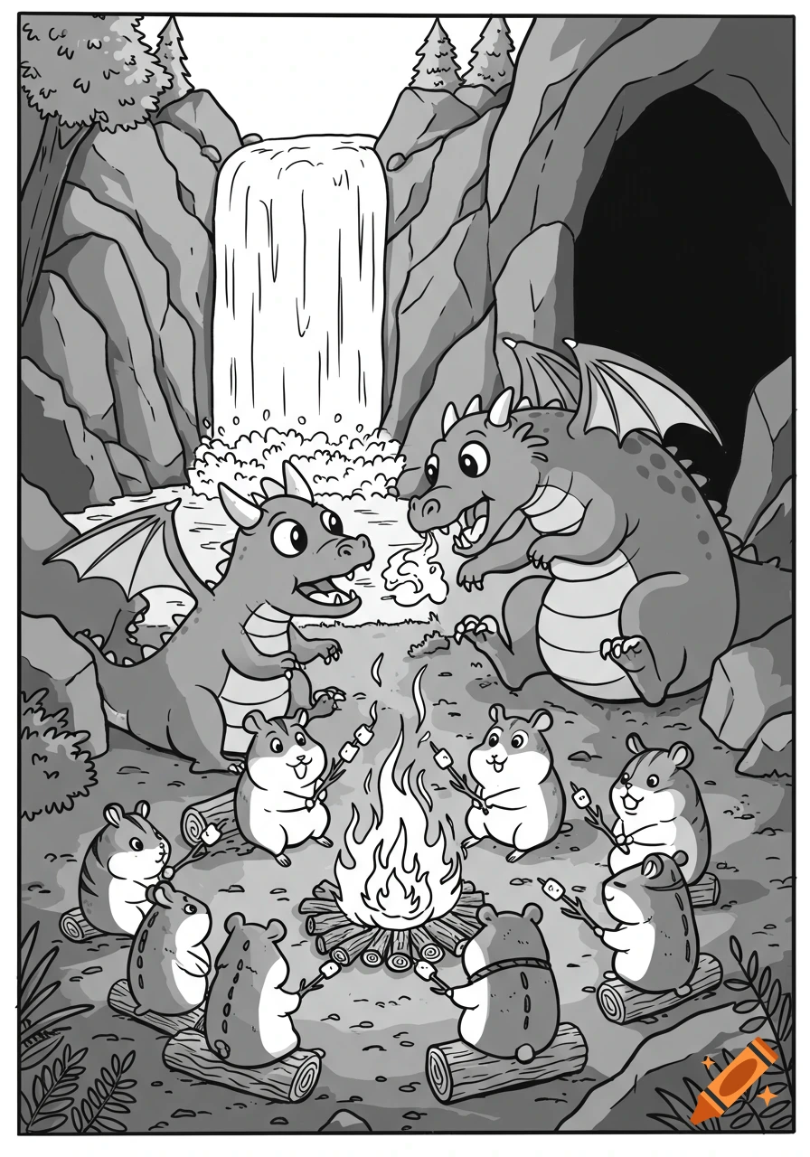 Black and white cartoon of two dragons and hamsters roasting marshmallows around a campfire by a waterfall and cave.