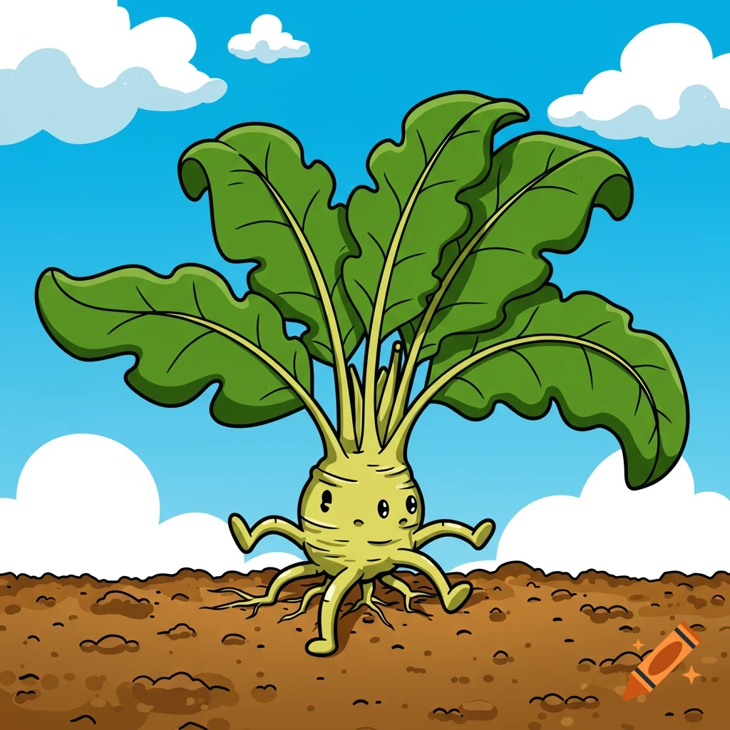 A cute cartoon horseradish plant character with a face, arms, and root legs stands in soil under a blue sky.
