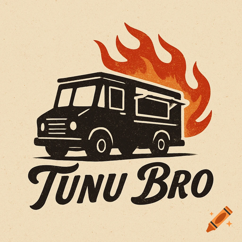 A vintage-style logo featuring a black food truck silhouette with red and orange flames behind it, and the text "Tunu Bro" in a bold script font below.