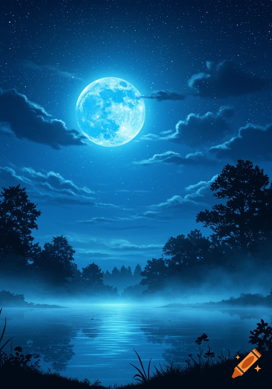 A vibrant blue full moon illuminates a starry night sky, reflecting on a tranquil lake surrounded by silhouetted trees and mist.