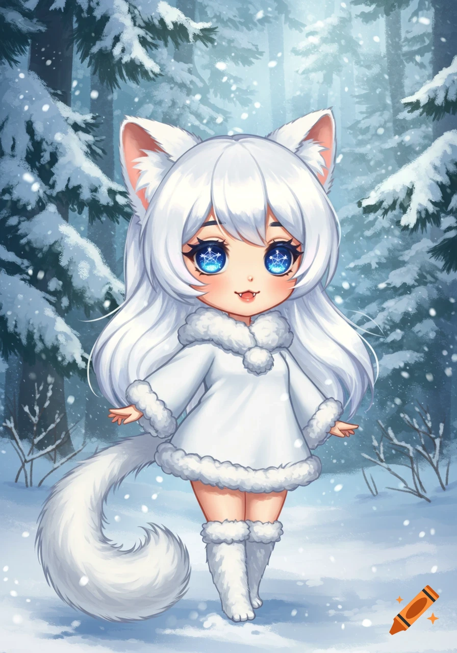 Chibi anime cat girl with white fur, blue star eyes, and a white fluffy coat stands in a snowy forest with falling snow.