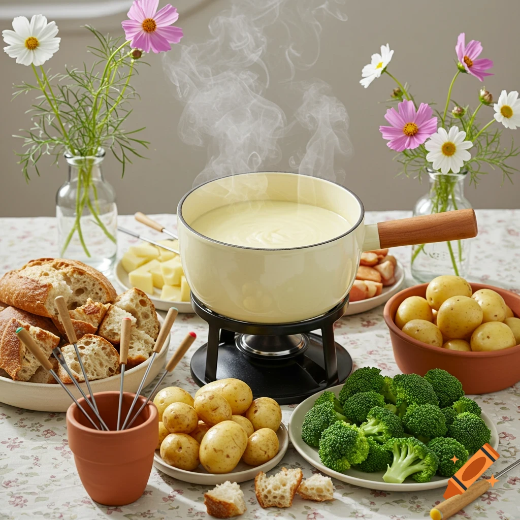 A photorealistic image of a steaming fondue pot surrounded by bread, potatoes, broccoli, and flowers on a patterned spring tablecloth.