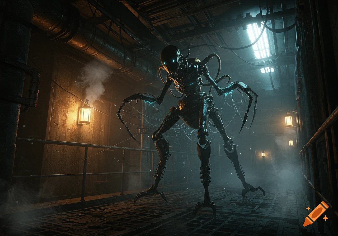 A mechanical, insectoid "Stalker" creature with glowing blue eyes in a dimly lit, steamy industrial corridor.