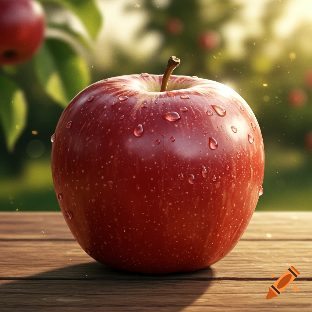 Photorealistic red apple with water droplets on a wooden table in an orchard.