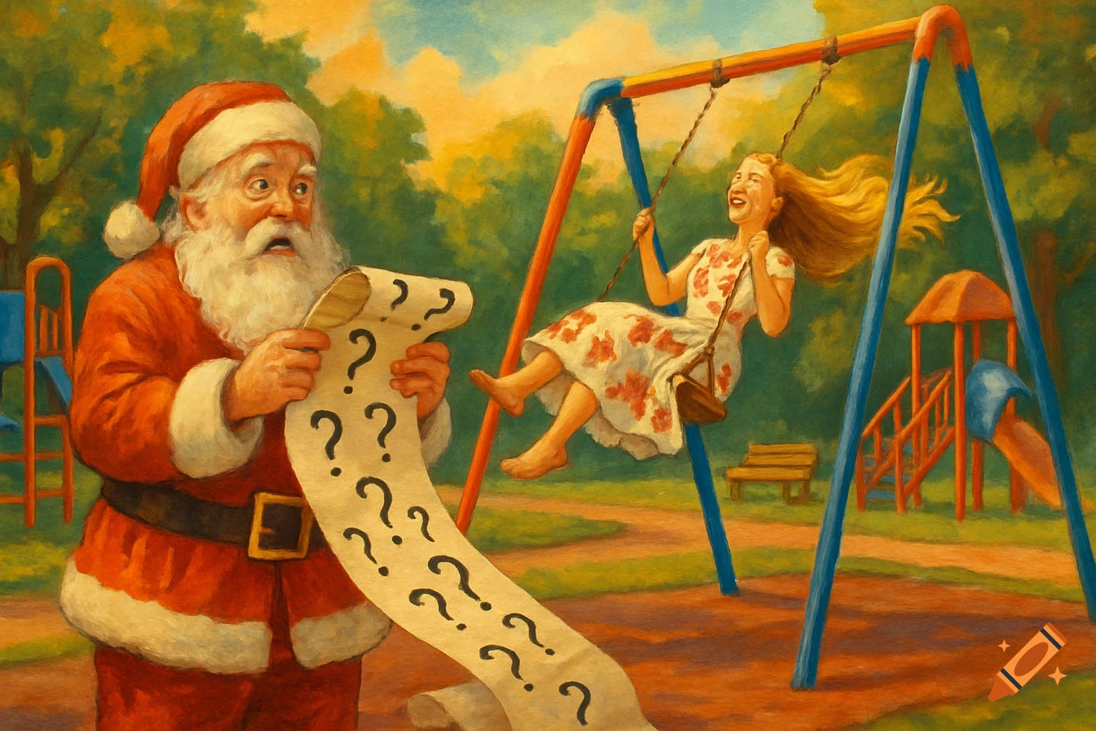 A painting of a confused Santa Claus holding a long list of question marks, while a happy woman swings on a playground behind him.