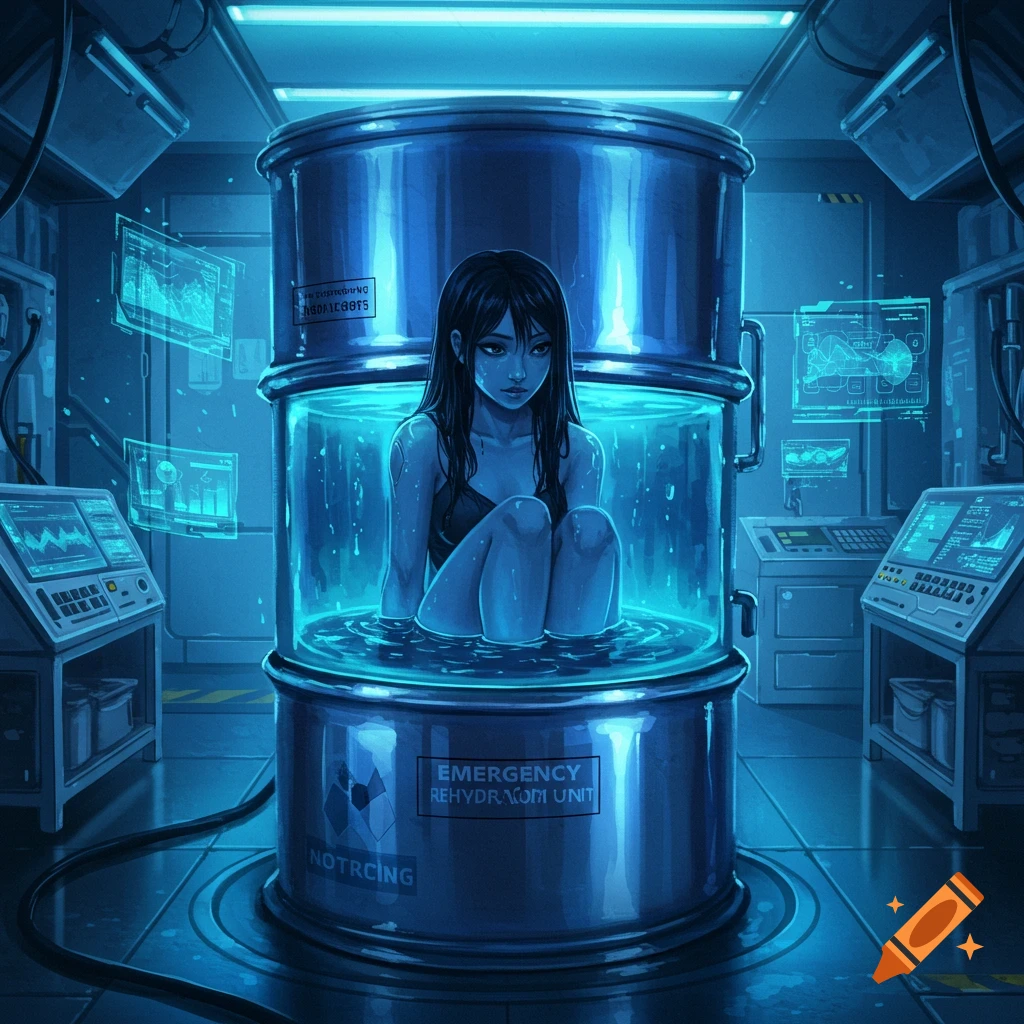 An anime-style girl with black hair sits in a glowing blue liquid inside a large transparent barrel labeled "EMERGENCY REHYDRATION UNIT" in a futuristic lab.