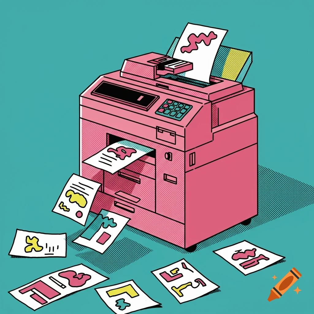 A vibrant pop art illustration depicts a pink copy machine printing abstract, colorful shapes on paper, with several sheets scattered on a teal floor.