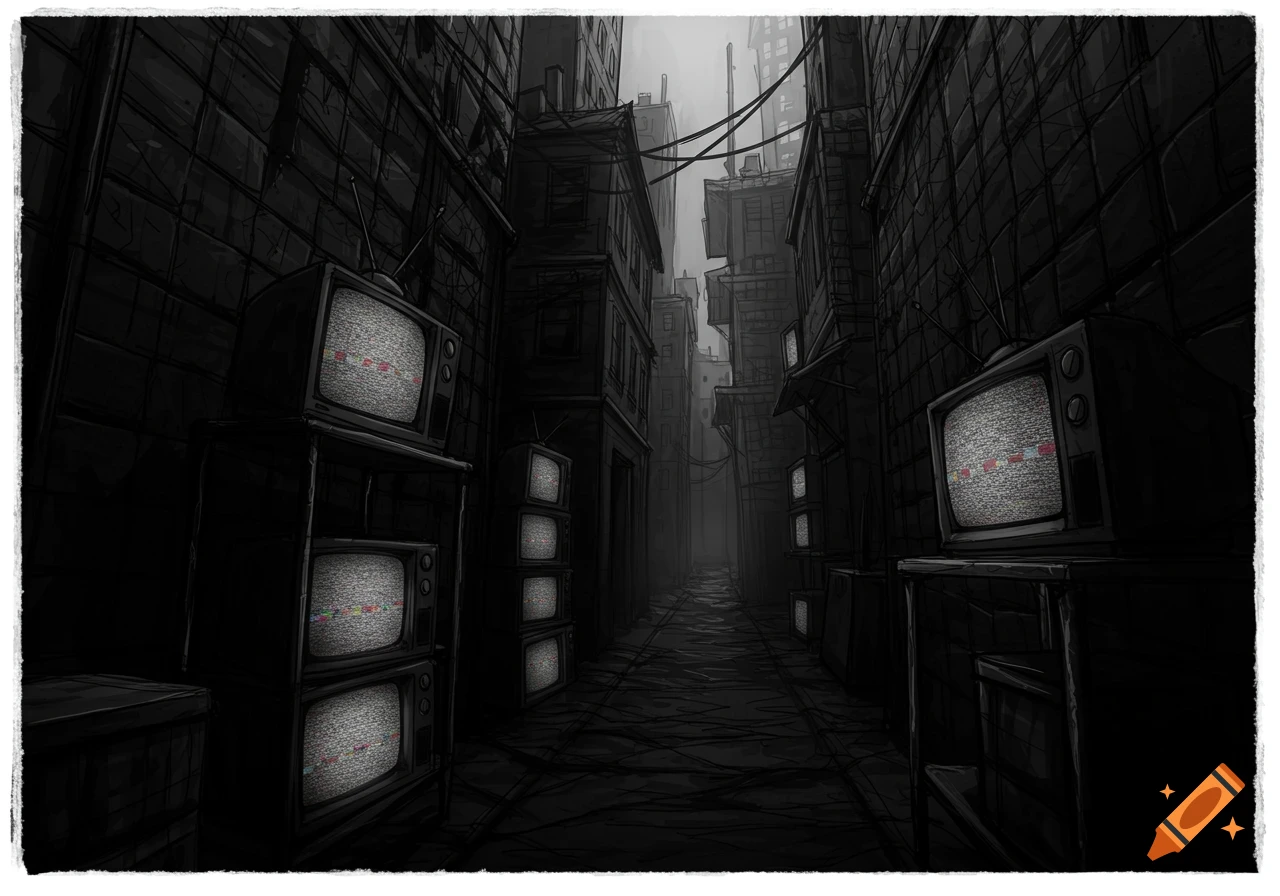 A dark, gritty illustration of a narrow alleyway between tall, leaning buildings, with stacks of static-filled old televisions on both sides.