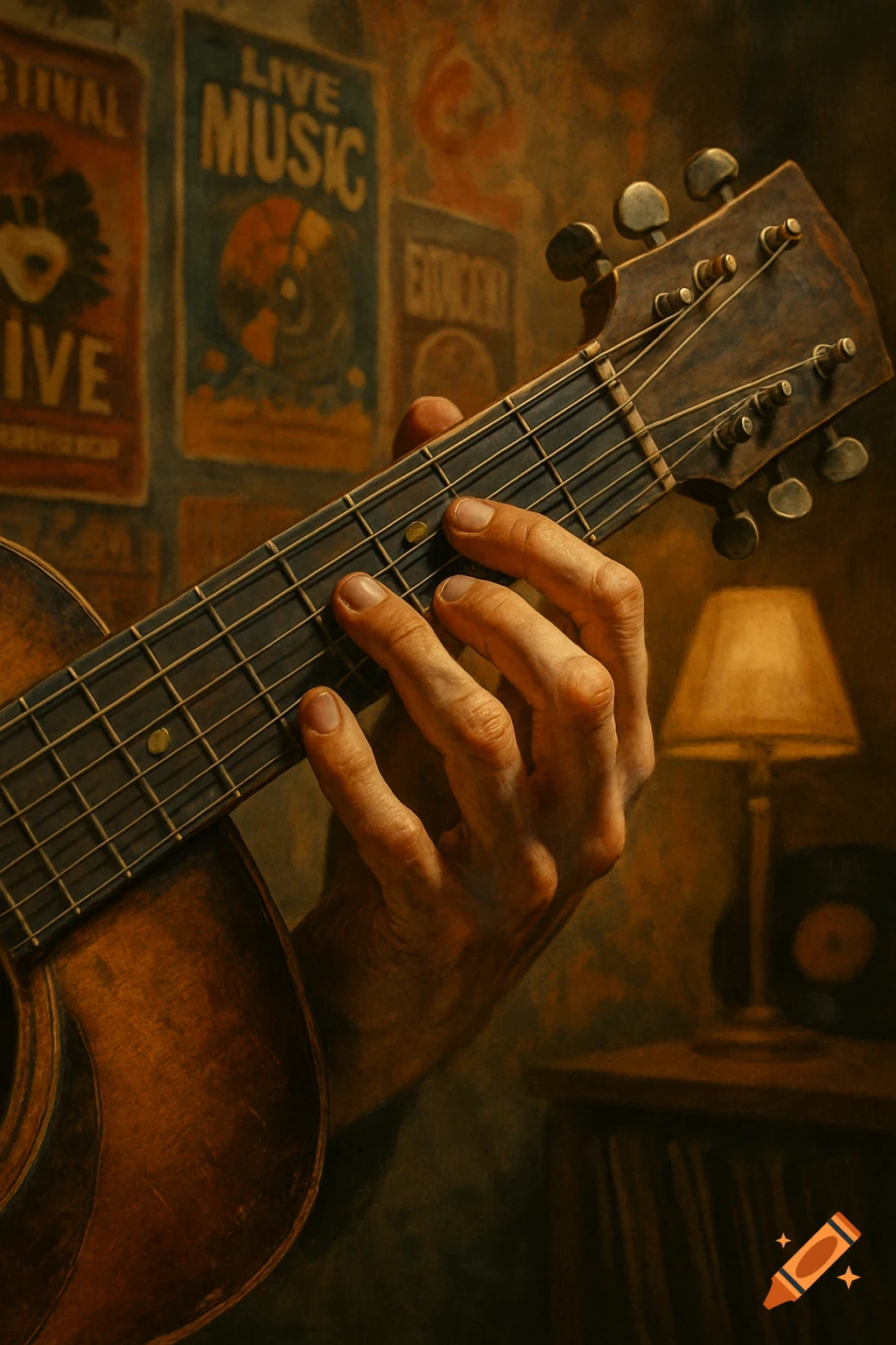 A close-up, painterly view of a hand fretting an acoustic guitar's neck, with vintage music posters and a lamp in the warm, dimly lit background.