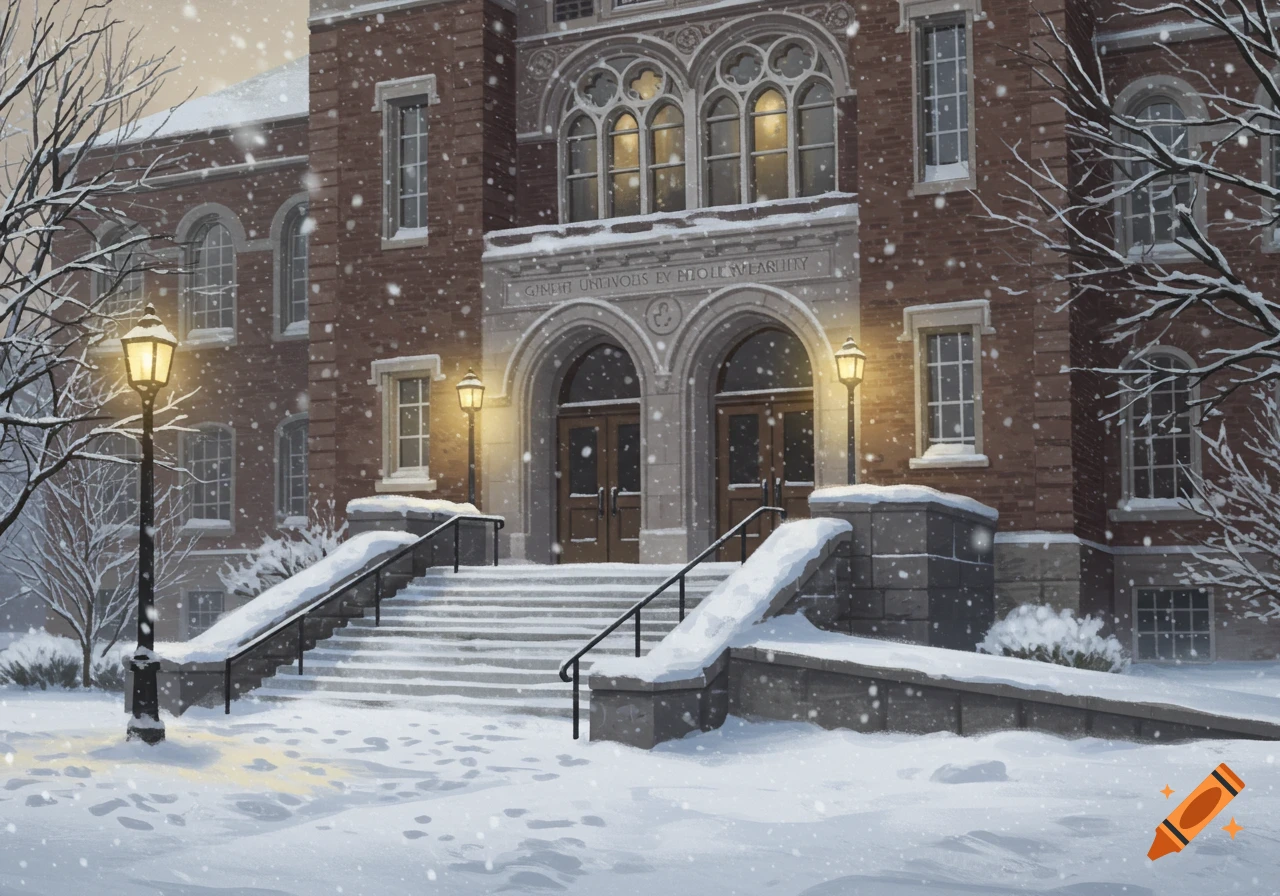 A snow-covered university building with two large arched entrances, a wide snowy staircase, and lit lampposts, under a winter sky.