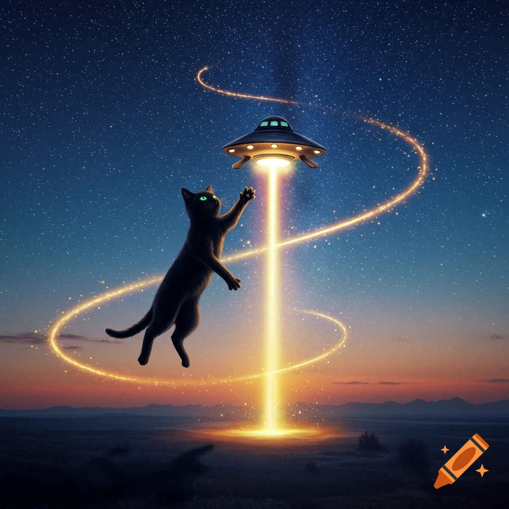 A black cat with green eyes floats in a bright beam of light from a UFO in a starry night sky over a desert landscape.