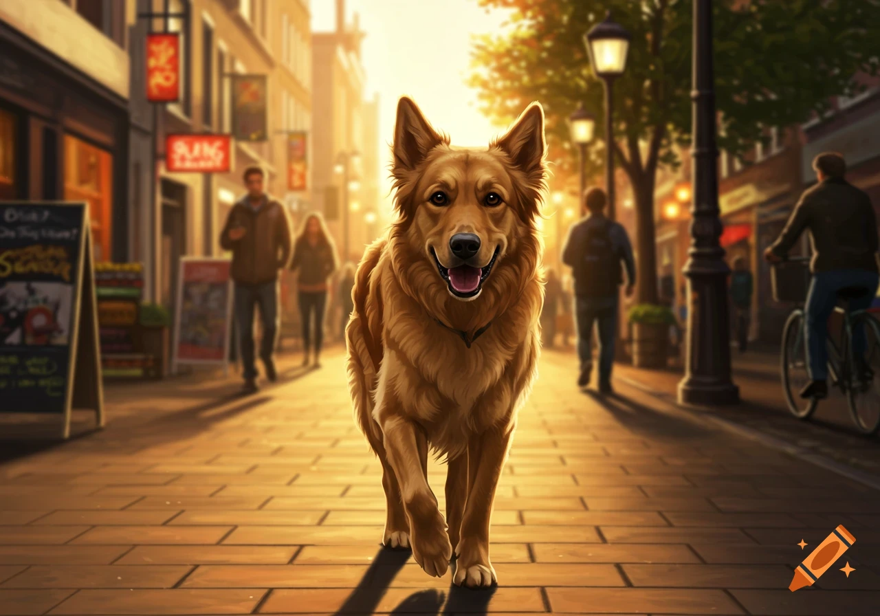 A golden brown dog happily walks towards the viewer on a cobblestone street in a sunny city, with blurred people and shops in the background.