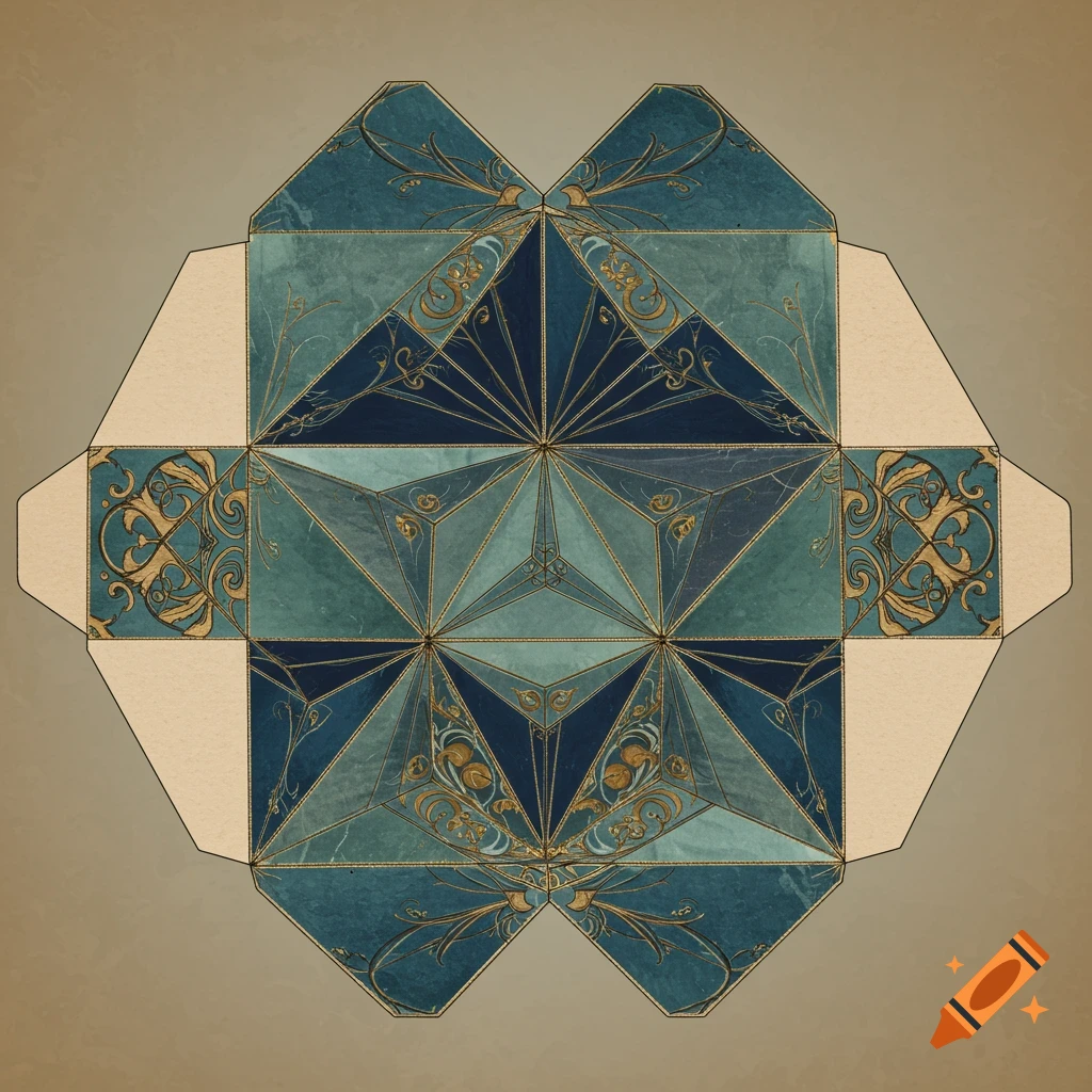 An unfolded flextangle template with intricate geometric patterns in shades of blue and teal, accented by ornate gold scrollwork on a beige background.