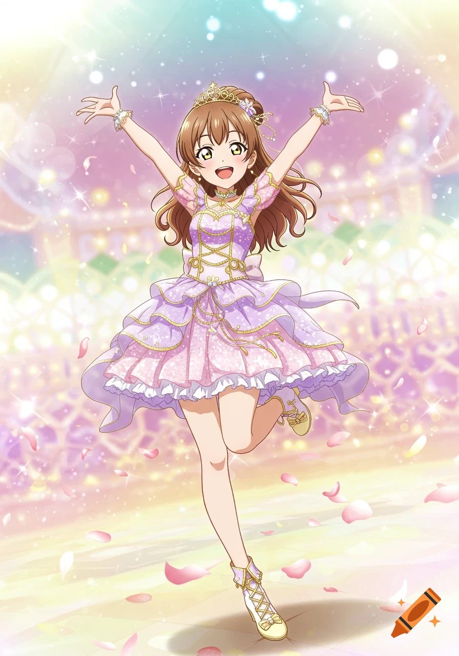 A happy anime girl in a purple and pink fairy tale dress and crown, arms raised, surrounded by falling petals, in Ken Sugimori art style.