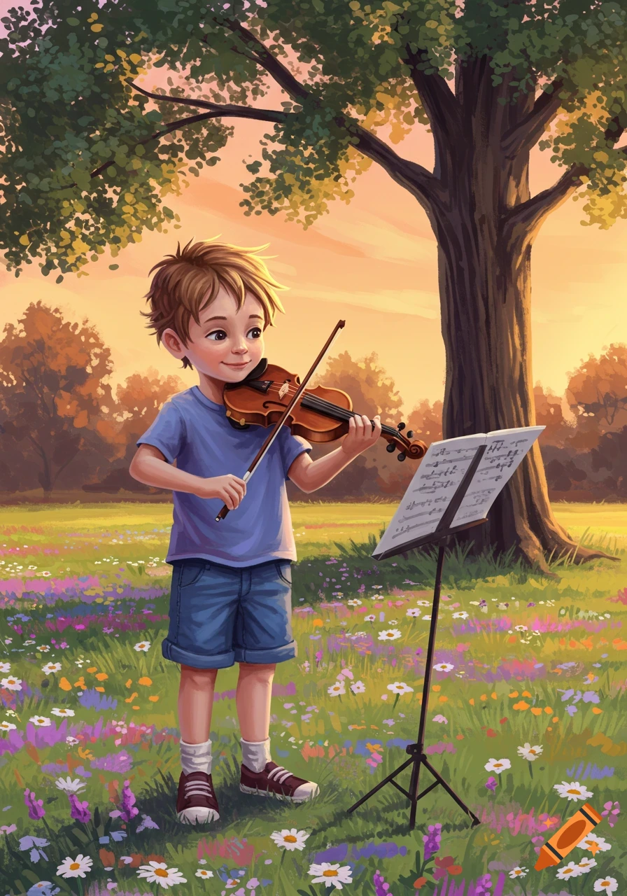 A cartoonish young boy with brown hair in a blue shirt and shorts plays a violin from sheet music on a stand in a vibrant field of colorful wildflowers, with a large tree and sunset sky in the background.