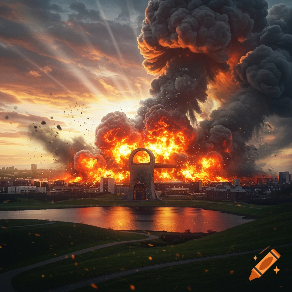 Massive explosion with fire and dark smoke billowing over a city and a large key-like structure, with a lake in the foreground.