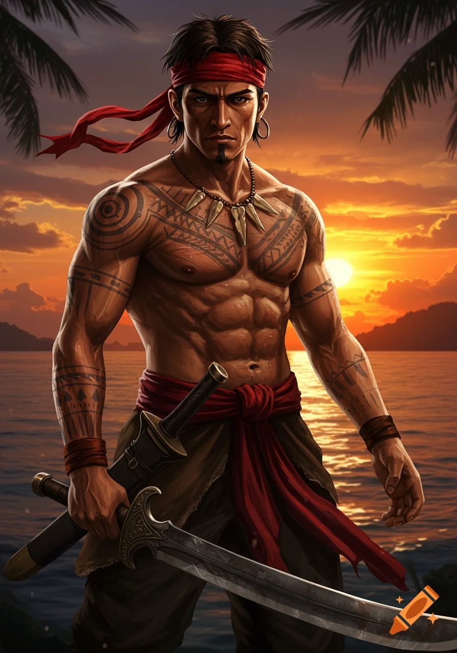 A muscular male warrior with tribal tattoos and a red headband stands by the ocean at sunset, holding two swords.