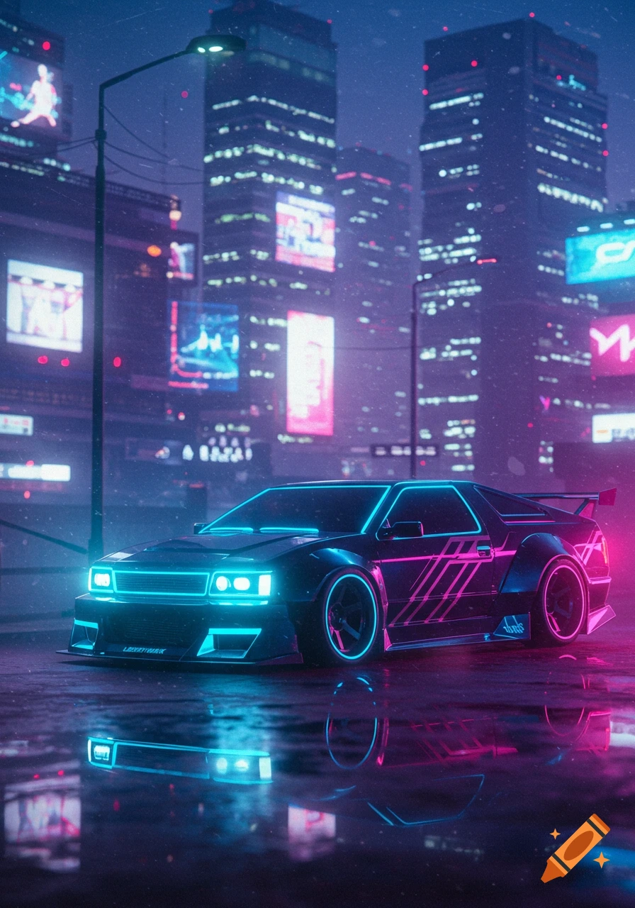 A futuristic car with blue and pink neon lights on a wet city street, reflecting the glowing cyberpunk skyline.