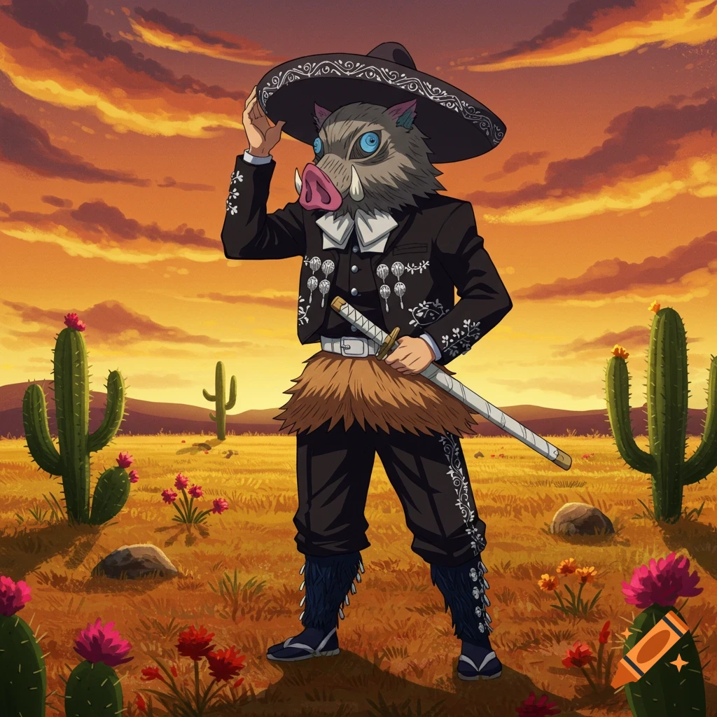 Inosuke Hashibira from Demon Slayer wearing a mariachi outfit, holding a katana, standing in a desert landscape at sunset.
