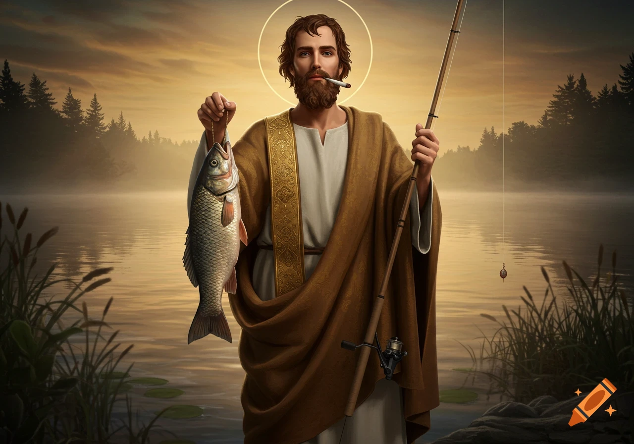A man resembling a saint in old Catholic style attire stands by a lake at sunset, holding a caught fish and a fishing rod, with a lit joint in his mouth.