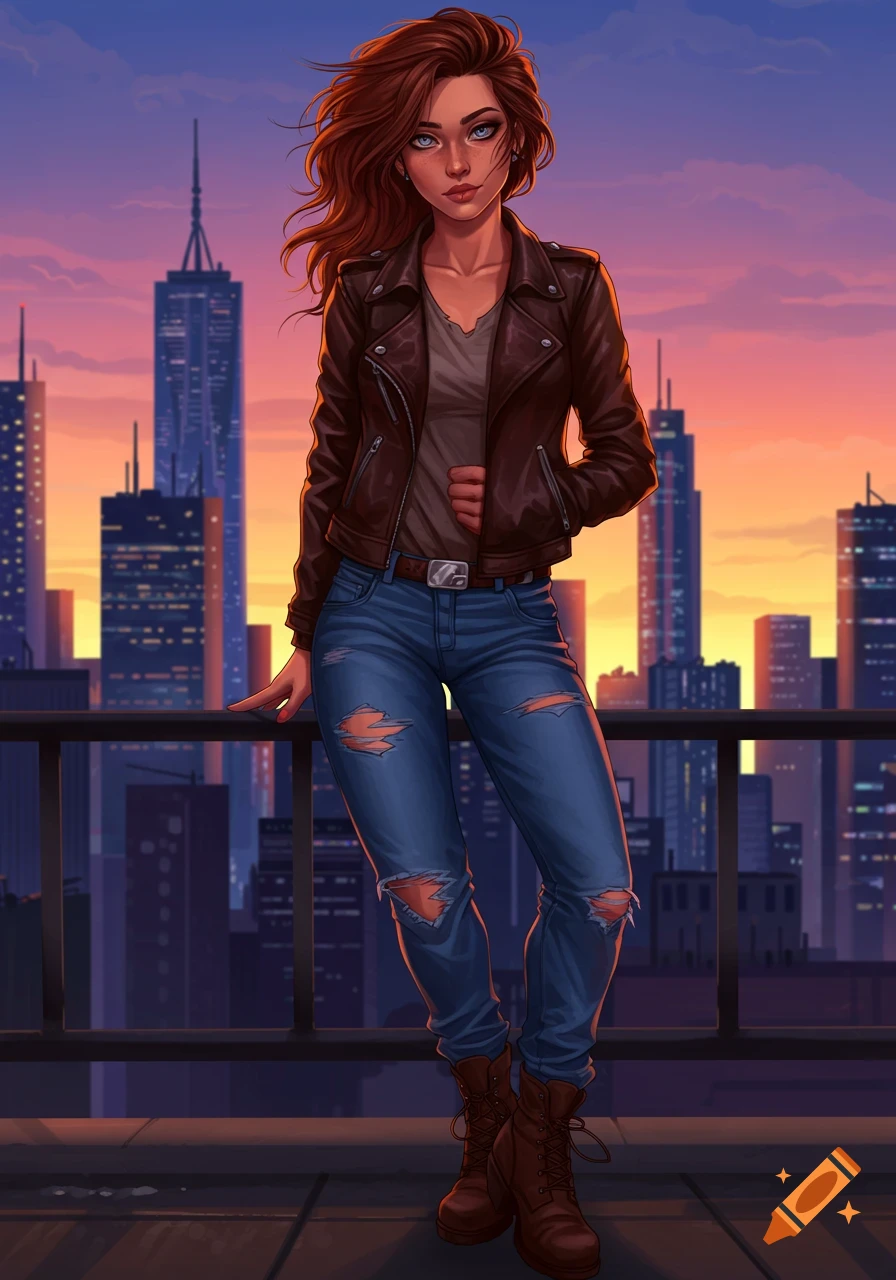 An illustrated young woman with long reddish-brown hair and a leather jacket stands on a city rooftop at sunset.