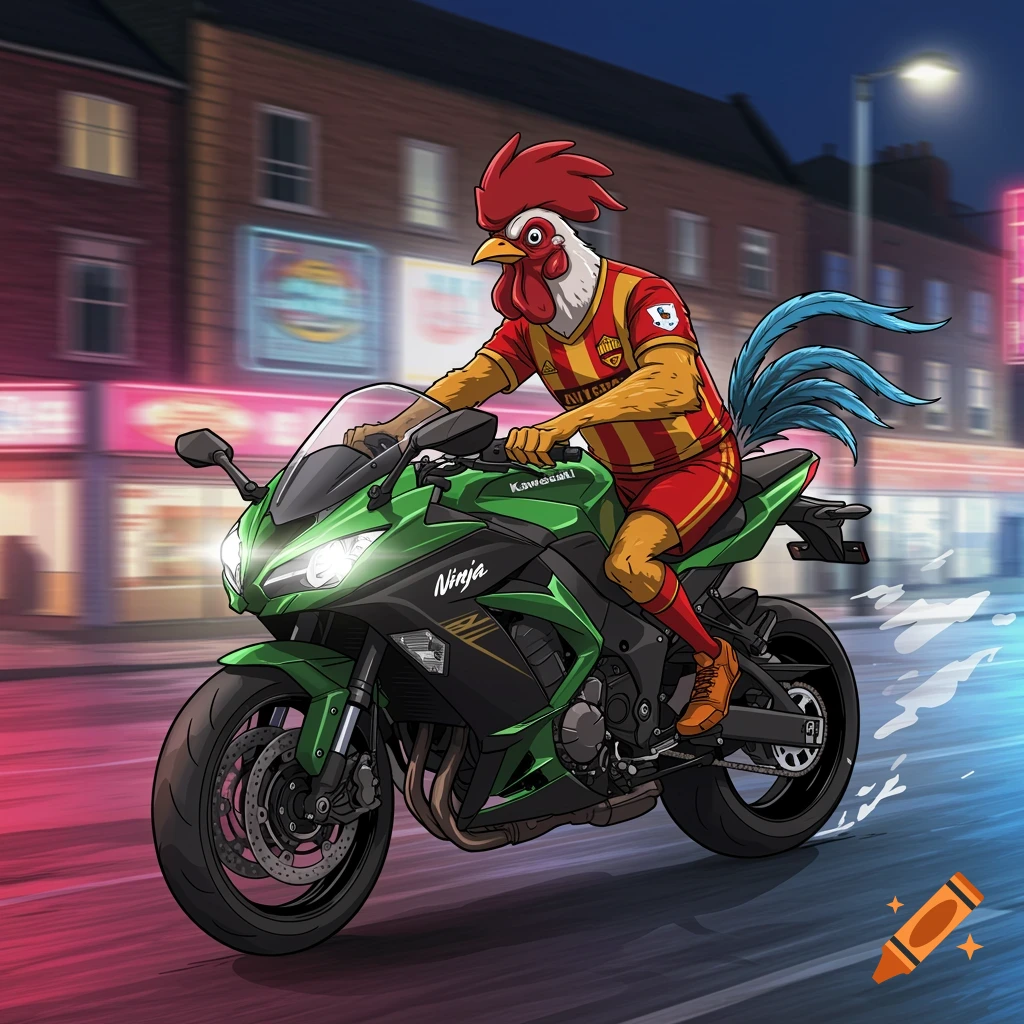 A cartoon rooster wearing a red and yellow striped football kit rides a green Kawasaki Ninja motorcycle down a city street at night.