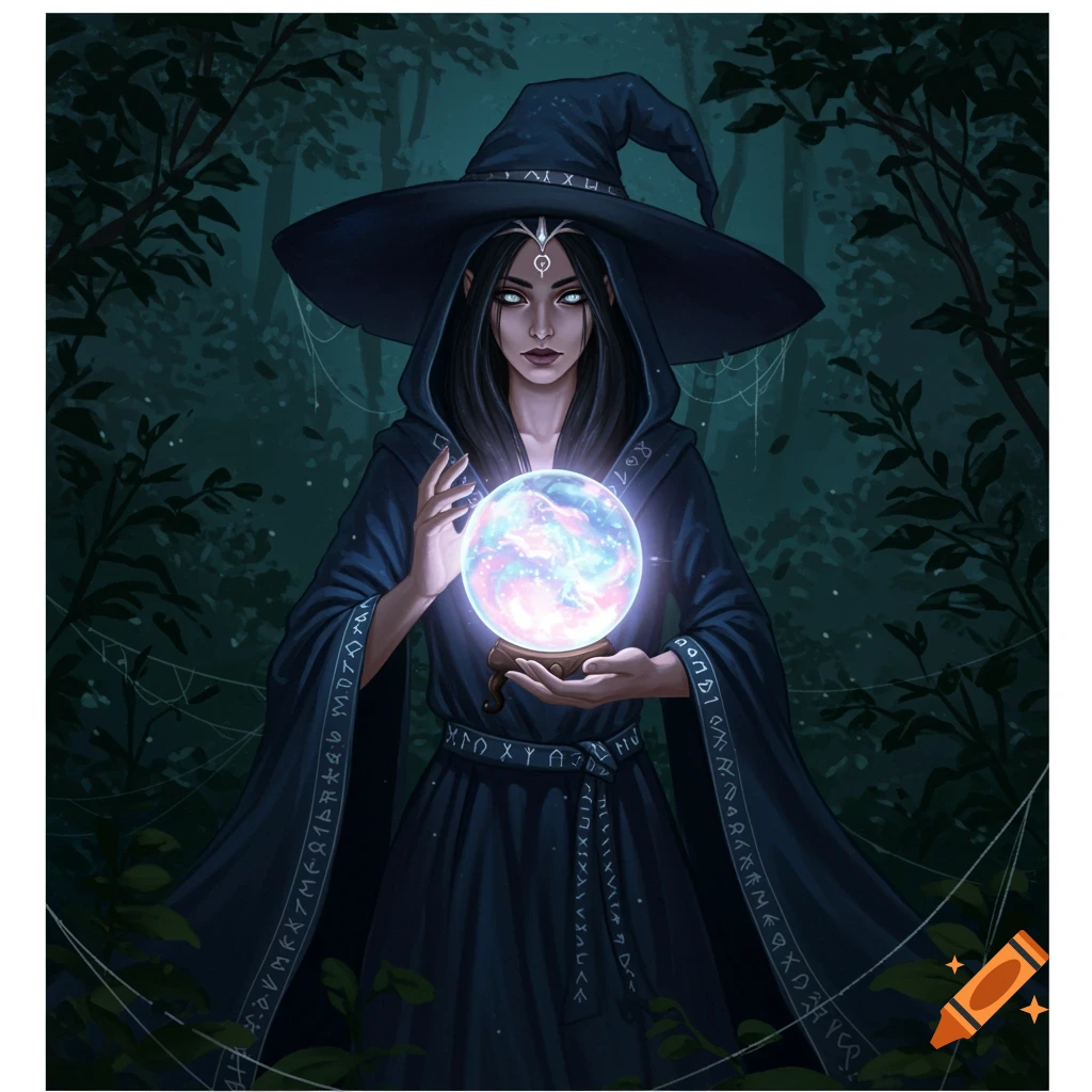 A witch in a dark hooded robe and wide-brimmed hat holds a glowing crystal ball in a forest.