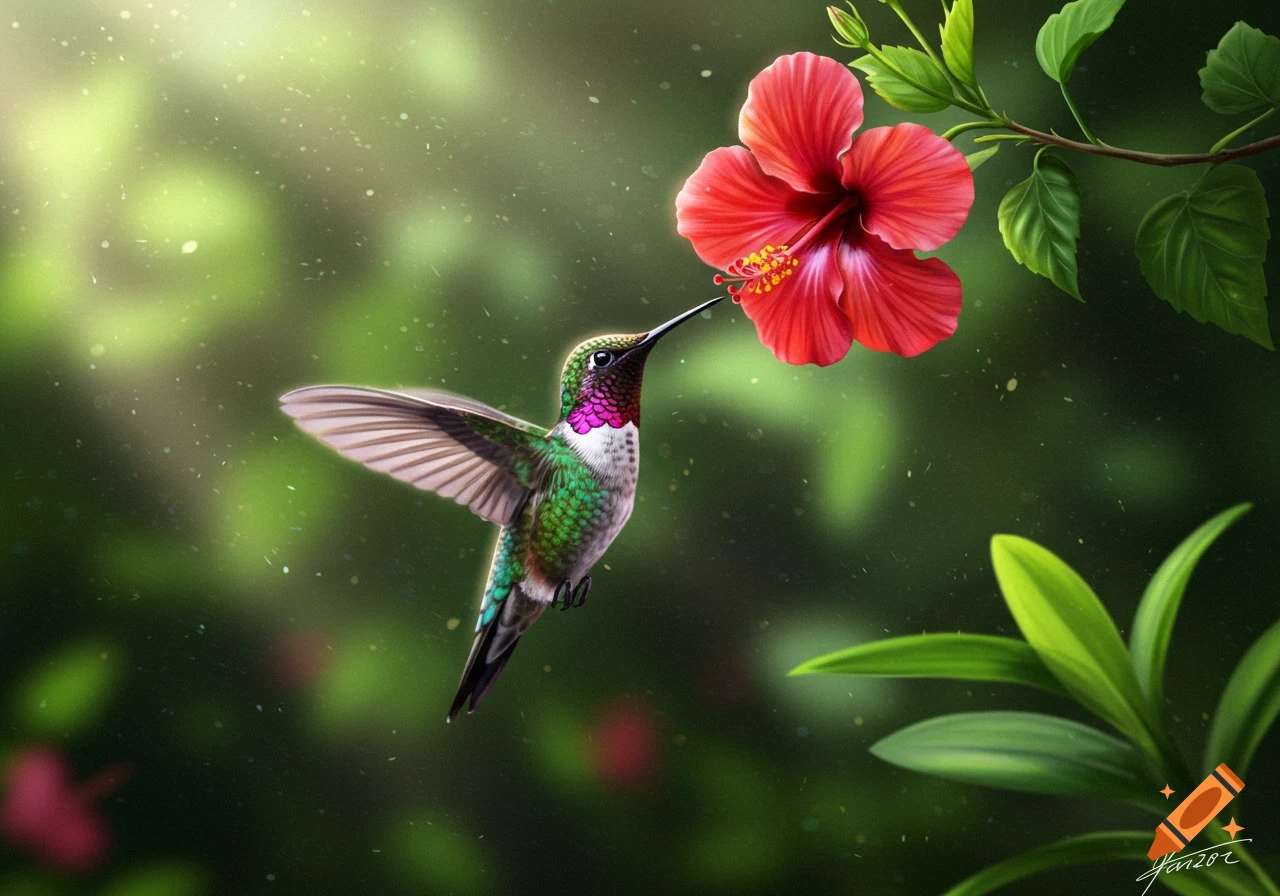 A vibrant hummingbird with green, white, and purple feathers hovers to drink nectar from a bright red hibiscus flower, against a lush green background.