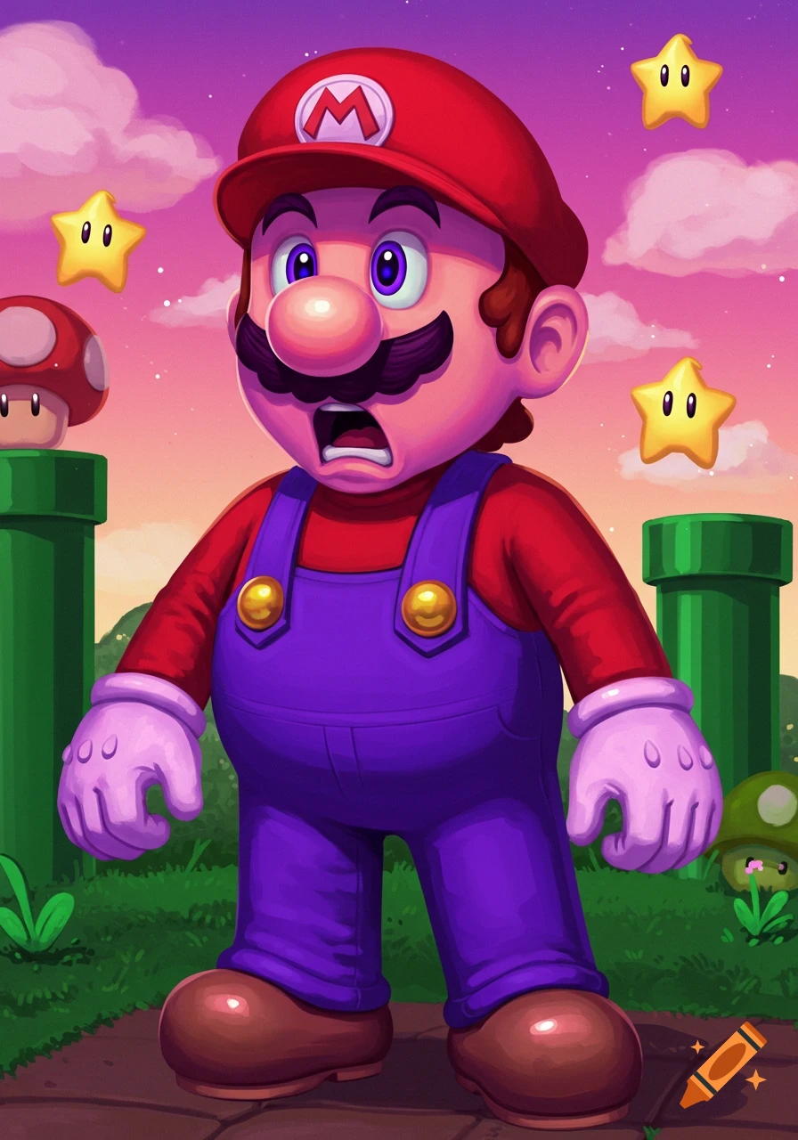 Shocked Mario in purple overalls and red hat with an 'M' stands in a vibrant, stylized landscape with floating stars and pipes with mushrooms.