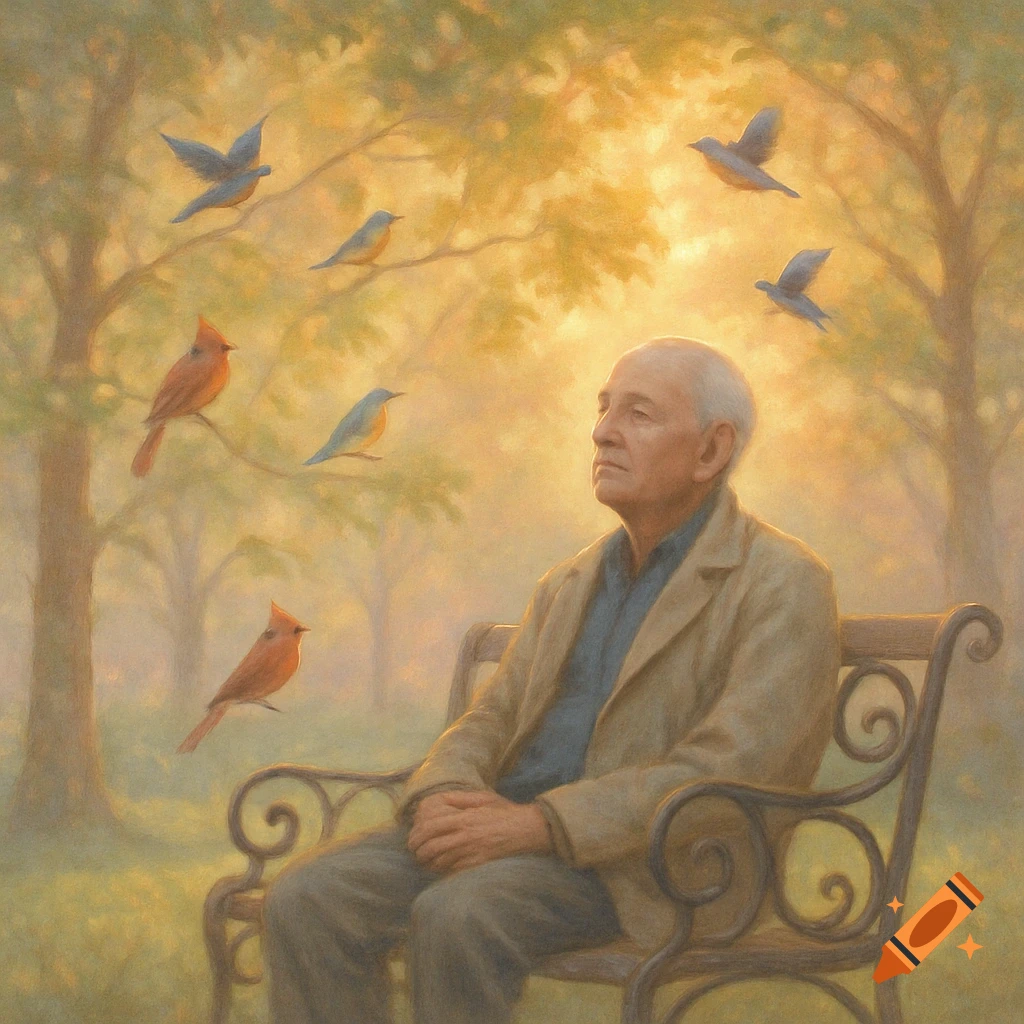 Elderly man sitting on a park bench, surrounded by birds, in a painterly style.