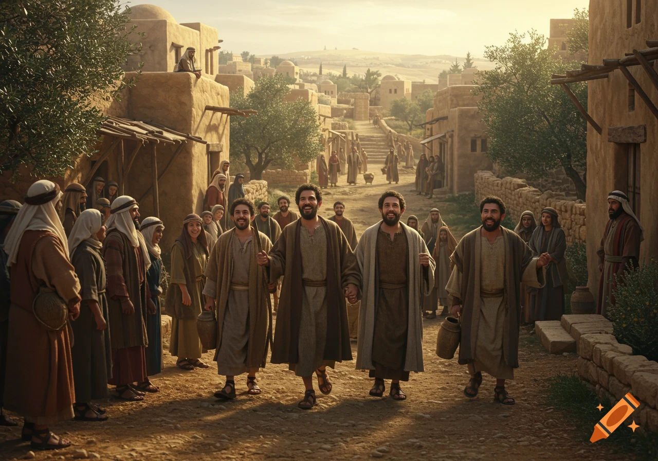 Four men in ancient attire, presumably shepherds, walk through a bustling 1st-century Judean village, smiling brightly. Other villagers watch them from the sides of the dusty street, with traditional mud-brick buildings and hills in the background.