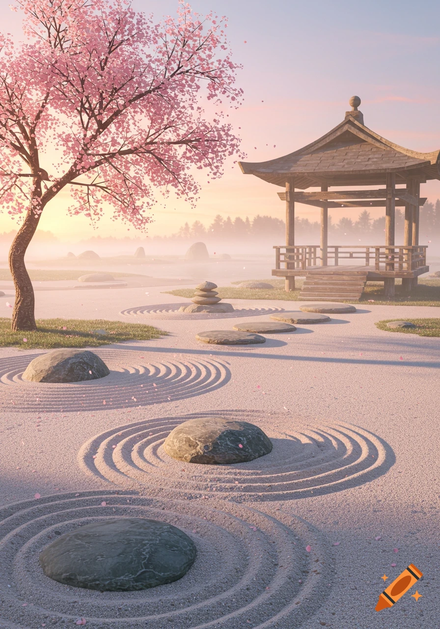 A beautiful Japanese garden with a cherry blossom tree, pagoda, raked sand, and rocks at sunrise.