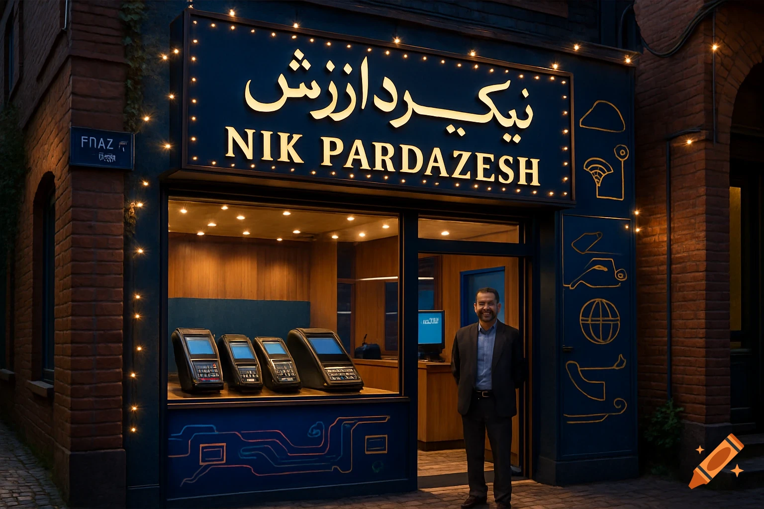 A man stands in front of a modern storefront with a 'NIK PARDAZESH' sign and POS terminals displayed inside.