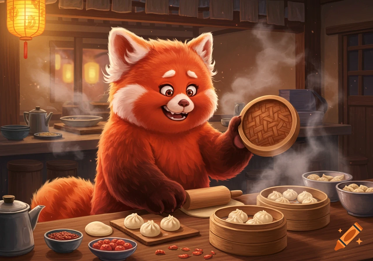 A cartoon red panda character smiles while cooking dumplings in a traditional kitchen setting.