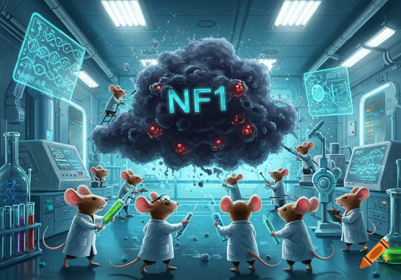 Anthropomorphic mice in lab coats in a futuristic lab, using syringes to combat a dark cloud with 'NF1' text.