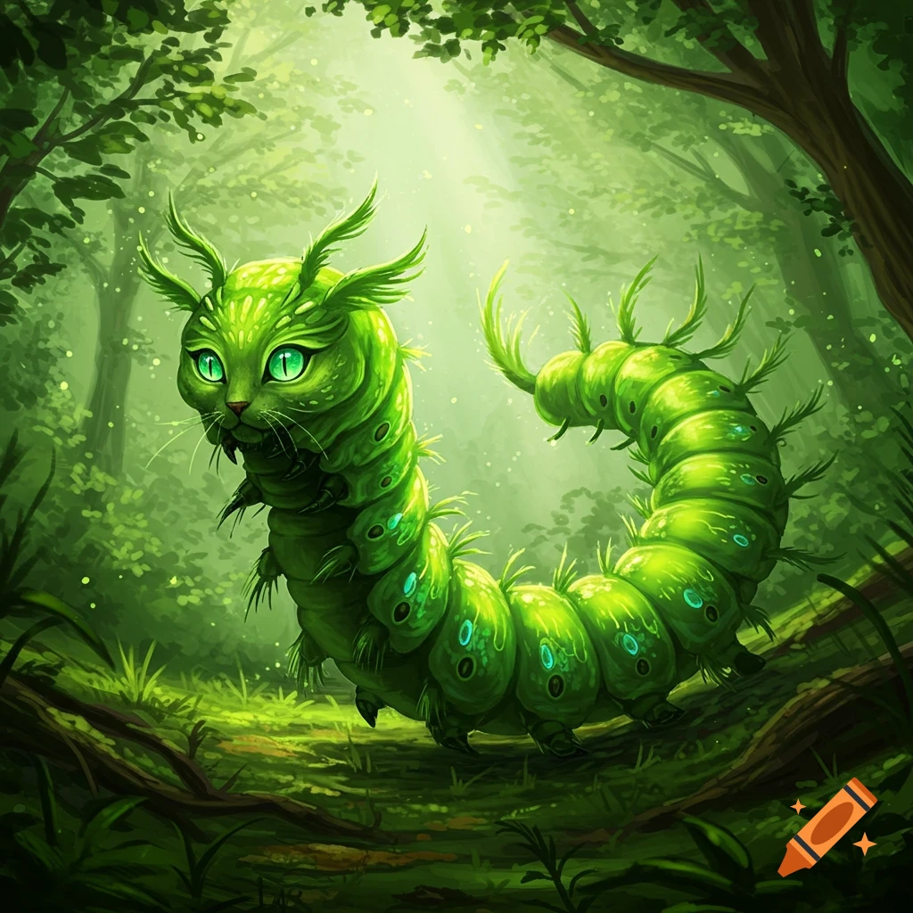A vibrant green cat-caterpillar hybrid creature with large green eyes stands in a lush, sunlit forest, illustrated style.