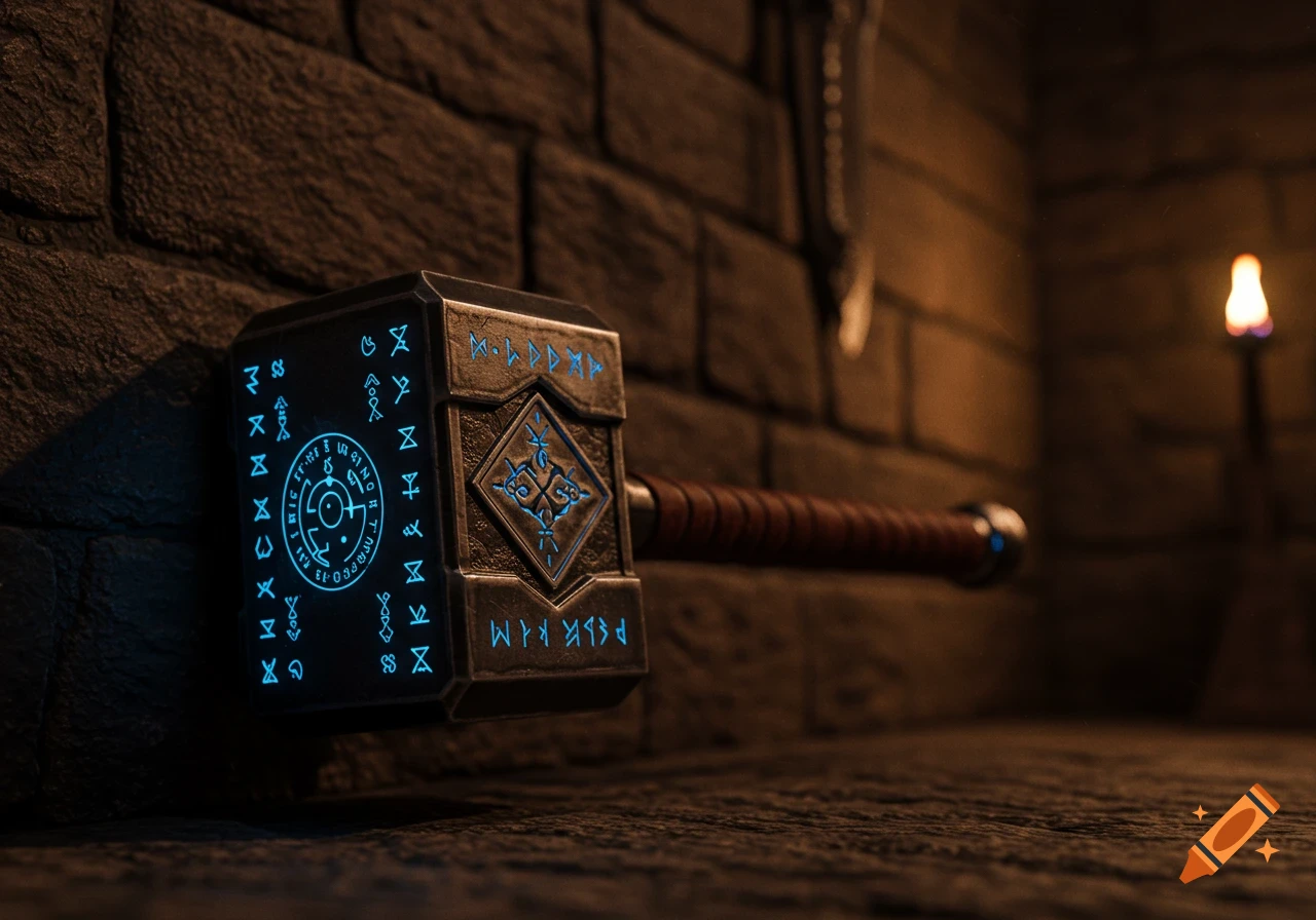 A detailed war hammer with glowing blue runes on its head rests against a brick wall in a dark dungeon, with a torch in the background.