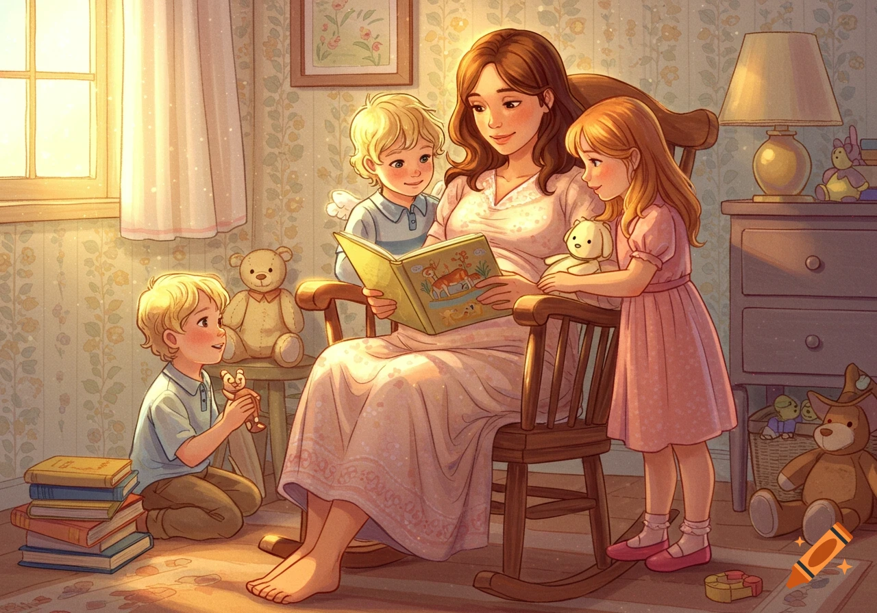 A gentle illustration of a mother sitting in a rocking chair reading a storybook to her two young children in a warm, sunlit room.