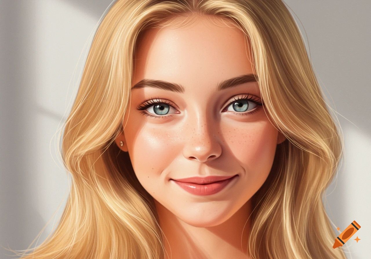 Close-up portrait of a smiling young blonde woman with blue eyes and freckles, illuminated by natural light.