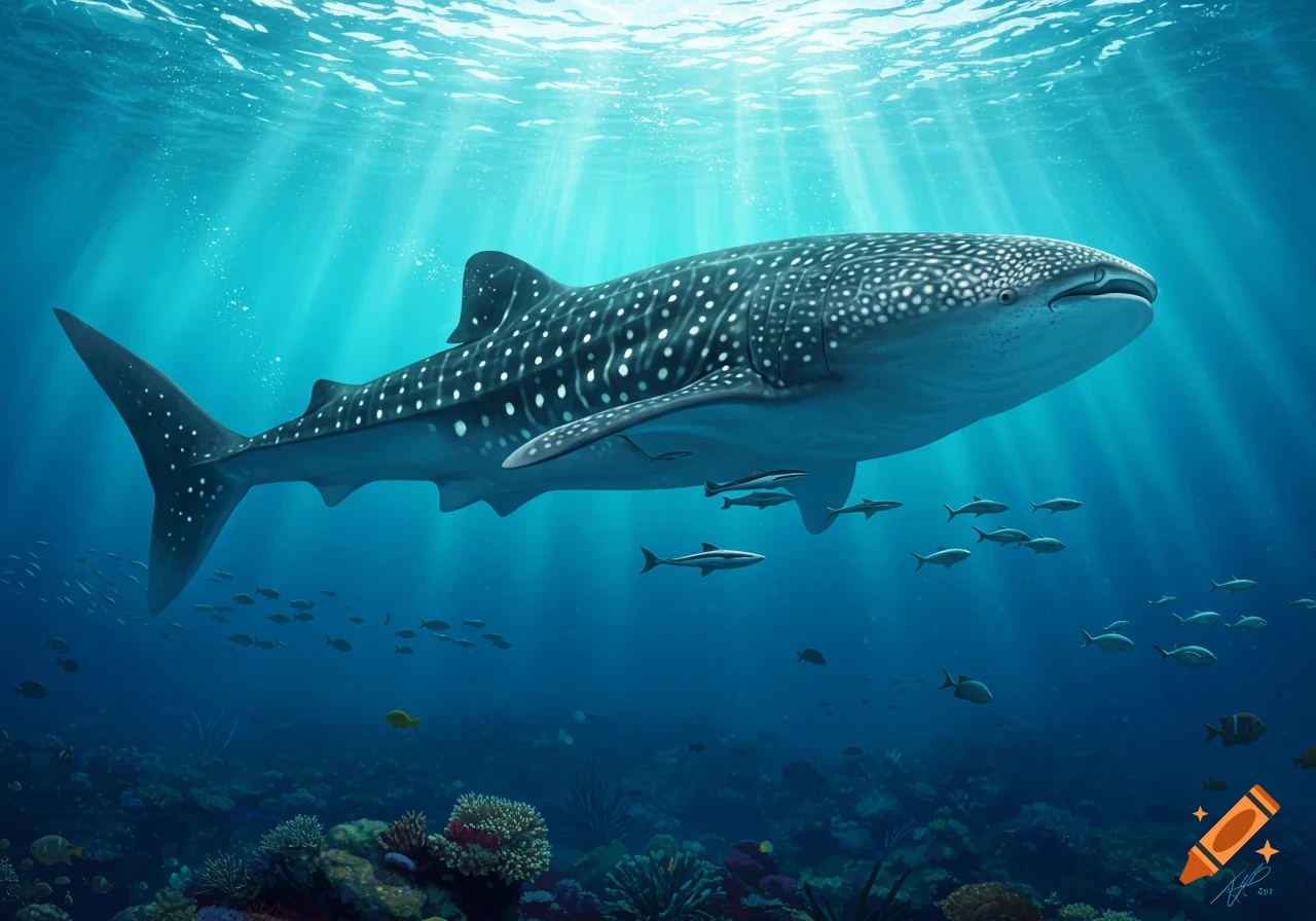 A large whale shark swims gracefully in sunlit blue water above a vibrant coral reef with smaller fish.