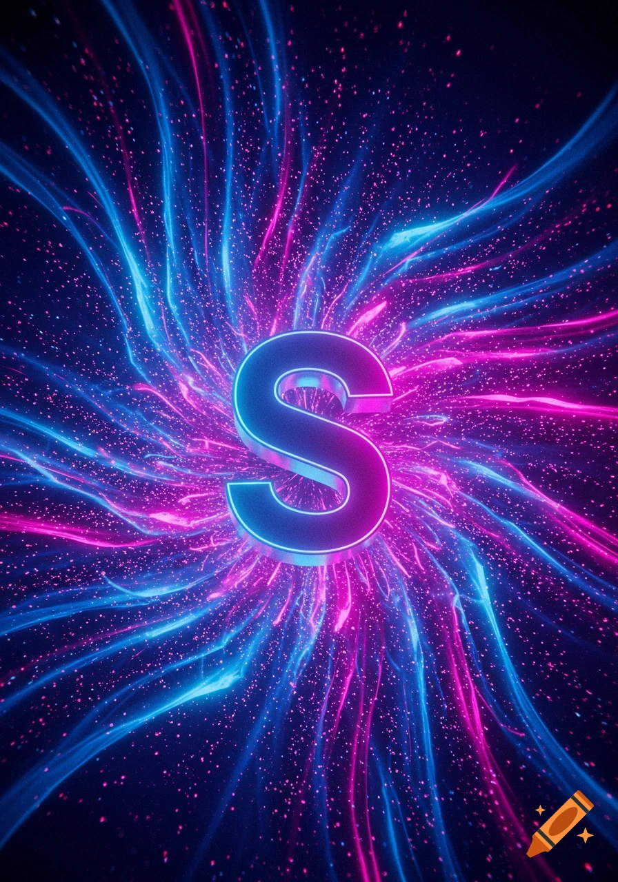 A glowing, metallic letter 'S' centered against a vibrant abstract background of swirling blue and pink neon light trails and sparkling particles.
