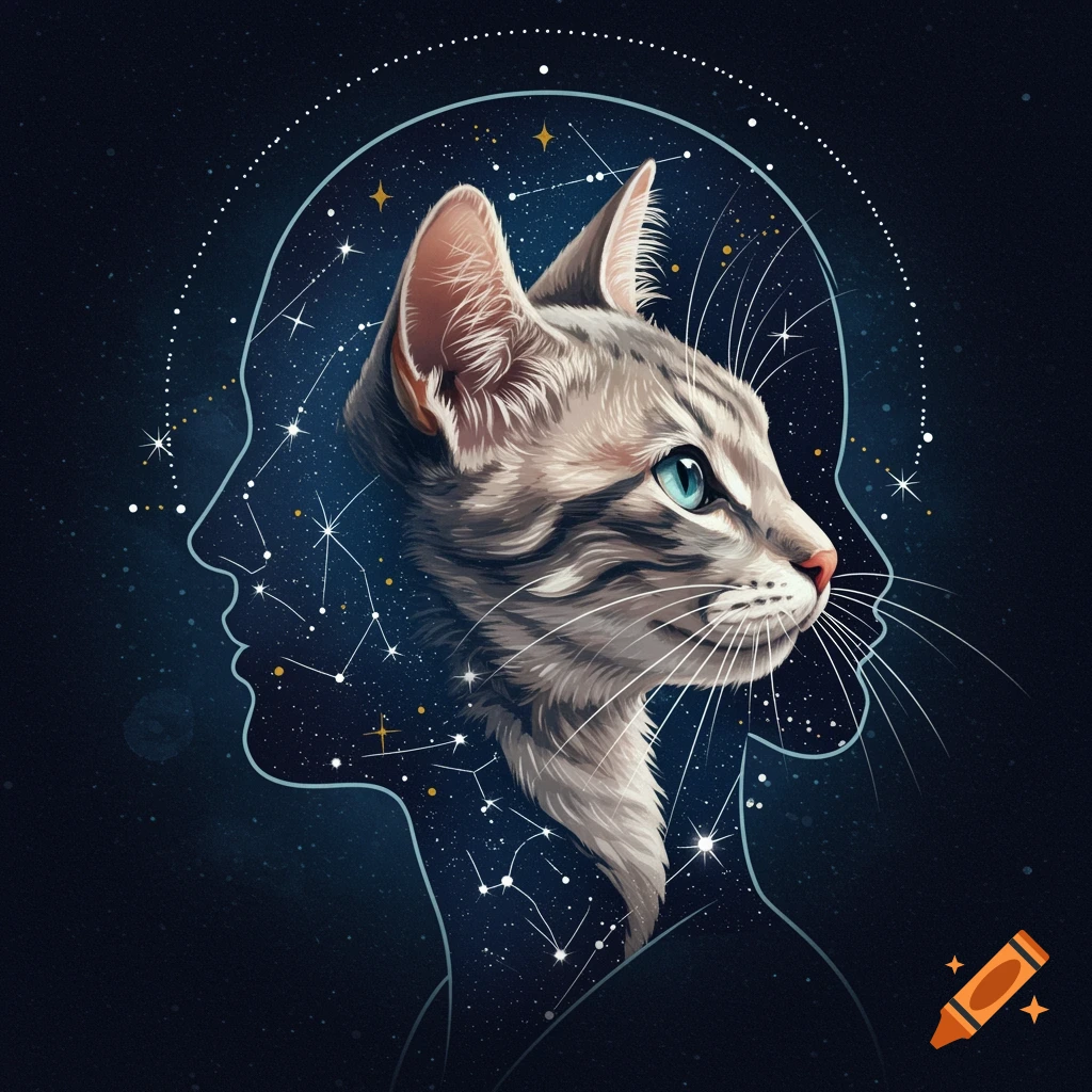 Profile of a tabby cat's head with blue eyes inside a human head outline against a dark starry sky.
