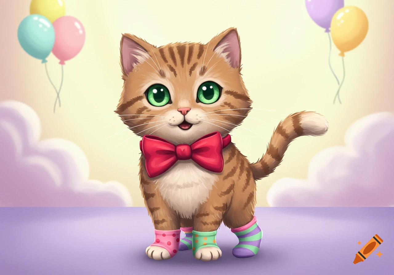 A cute cartoon ginger tabby cat with green eyes, a red bow tie, and colorful striped and polka dot socks, stands in a whimsical setting with balloons and clouds.
